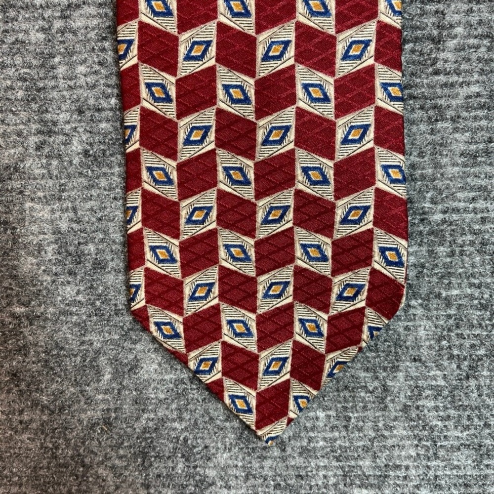 Unbranded Burgundy Red Blue Gold Geometric Diamond 100% Silk Tie Made in USA